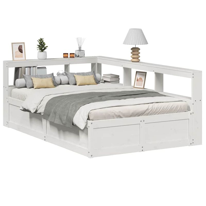 Casa si Gradina - Mobilier - Paturi si accesorii - Paturi - Pat cu biblioteca fara saltea, alb, 135x190 cm, lemn masiv pin - Infinity.ro