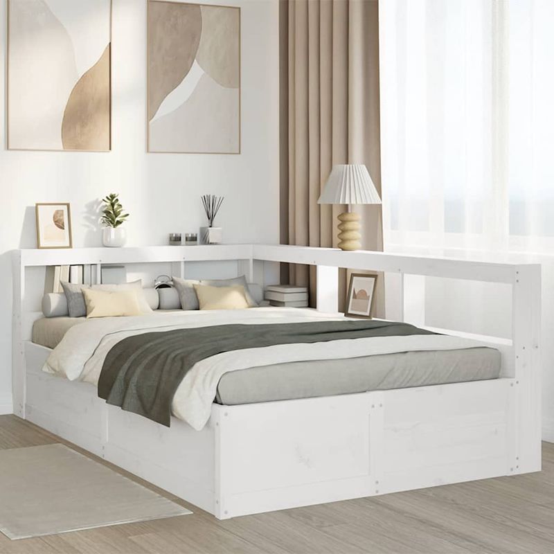Casa si Gradina - Mobilier - Paturi si accesorii - Paturi - Pat cu biblioteca fara saltea, alb, 135x190 cm, lemn masiv pin - Infinity.ro