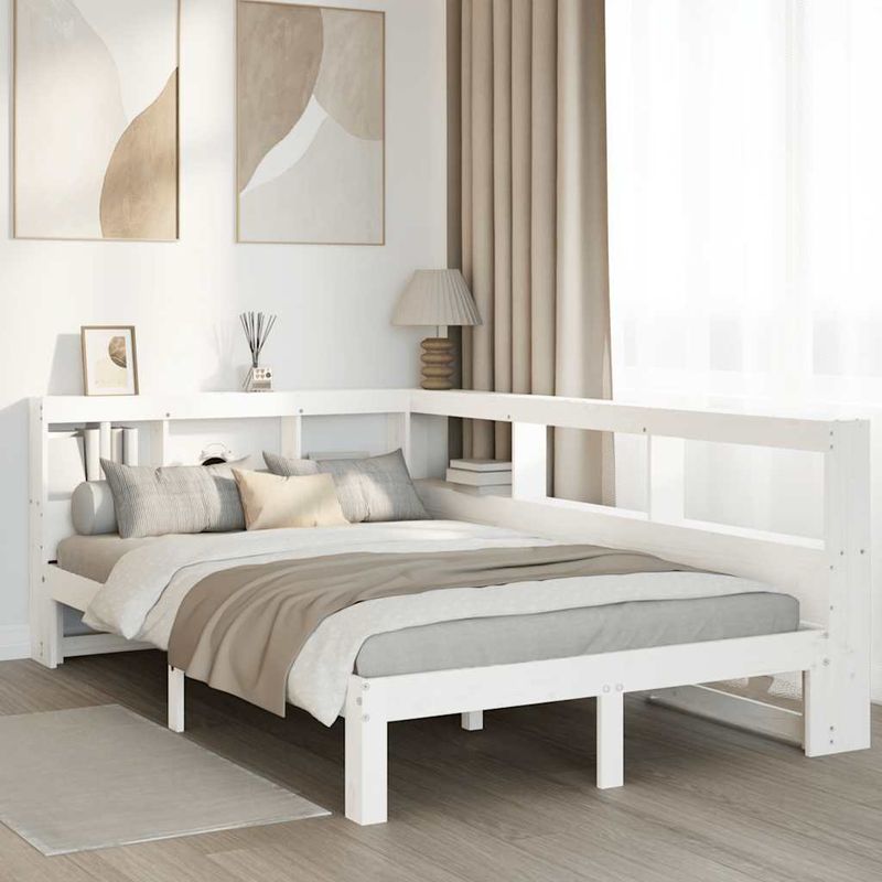 Casa si Gradina - Mobilier - Paturi si accesorii - Paturi - Pat cu biblioteca fara saltea, alb, 135x190 cm, lemn masiv pin - Infinity.ro