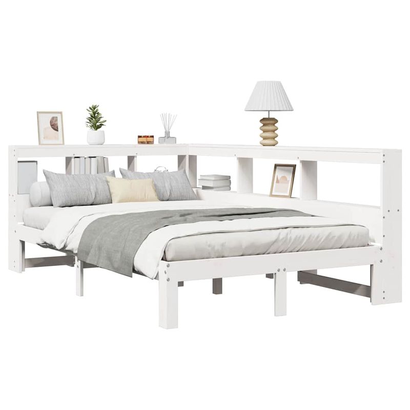 Casa si Gradina - Mobilier - Paturi si accesorii - Paturi - Pat cu biblioteca fara saltea, alb, 135x190 cm, lemn masiv pin - Infinity.ro
