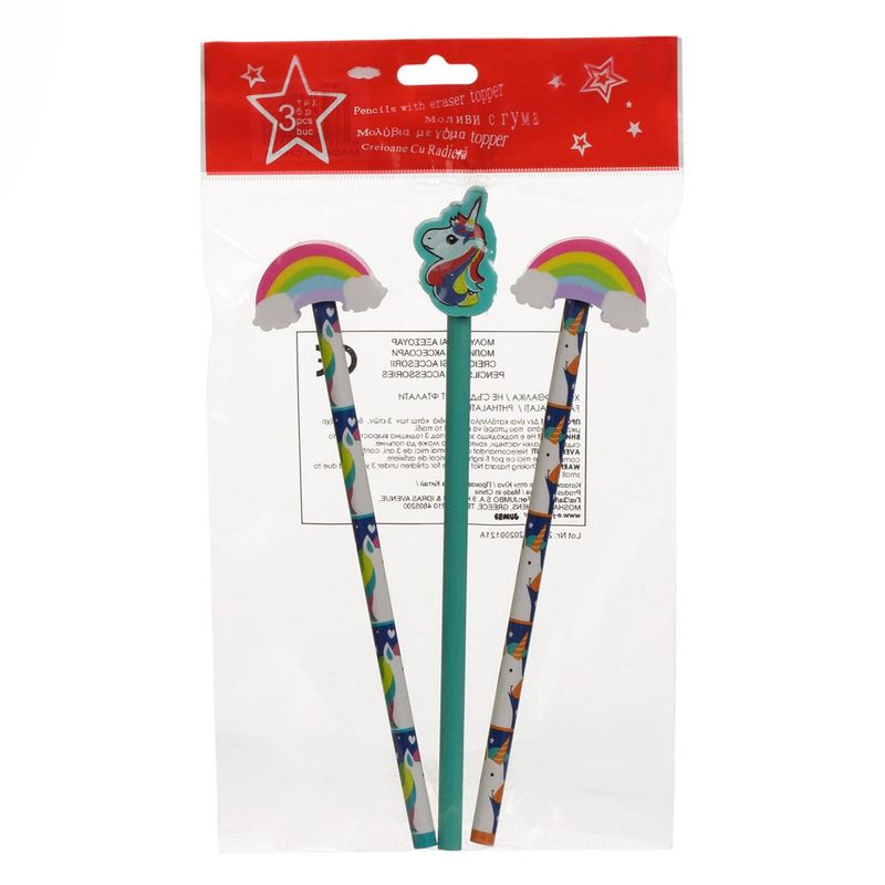 Carti si Birotica - Birotica - Instrumente de scris - Creioane - Set creioane cu radiera, unicorn, model curcubeu, multicolor, 3 bucati - Infinity.ro