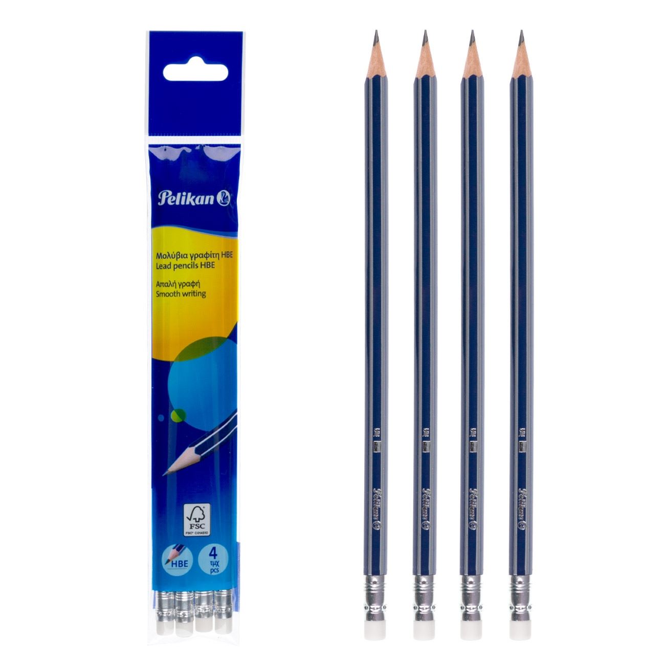 Creioane grafit, pelikan, set 4 bucati, cu radiera, culoare albastru