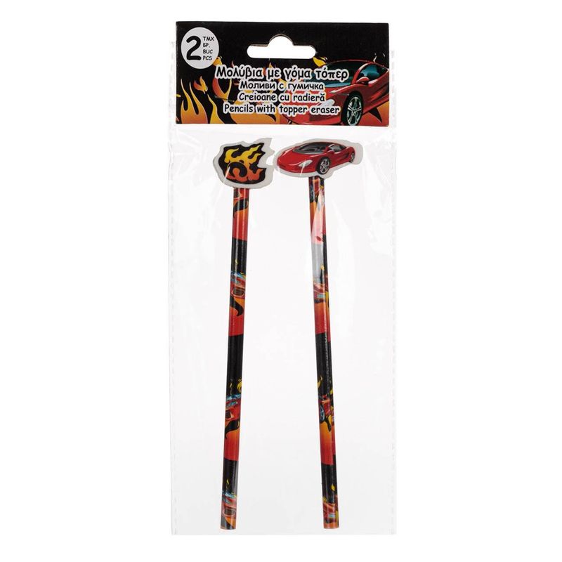 Carti si Birotica - Birotica - Instrumente de scris - Creioane - Set creioane fancy, model masina si flacara, 2 bucati, culoare rosu-negru, cu radiera - Infinity.ro