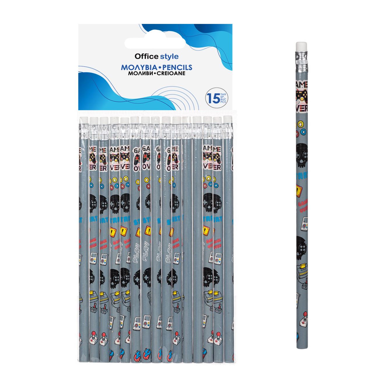 Creioane set 15 bucati, gri, cu radiera, model gaming
