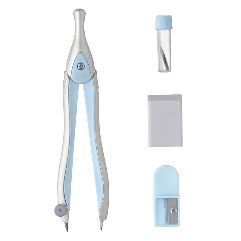 Carti si Birotica - Rechizite - Instrumente geometrice - Set compas geometrie, metalic argintiu bleu, radiera, varf de rezerva, ascutitoare, 4 bucati - Infinity.ro