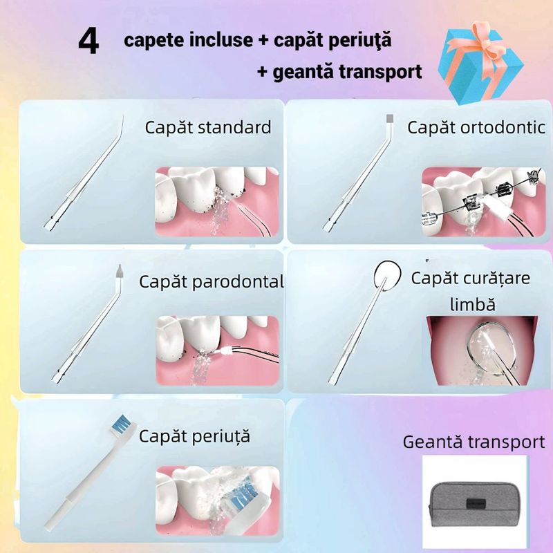 Ingrijire personala si Cosmetice - Igiena dentara - Irigatoare bucale - Irigator oral YARCO, Presiune reglabila (DIY) 30-140psi, Jet 1800 pulsatii/min, Baterie durabila, Rezervor 300ml detasabil, 5 capete+geanta, Alb - Infinity.ro