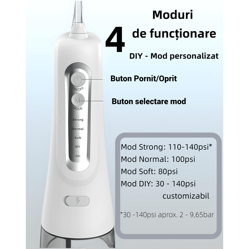 Ingrijire personala si Cosmetice - Igiena dentara - Irigatoare bucale - Irigator oral YARCO, Presiune reglabila (DIY) 30-140psi, Jet 1800 pulsatii/min, Baterie durabila, Rezervor 300ml detasabil, 5 capete+geanta, Alb - Infinity.ro