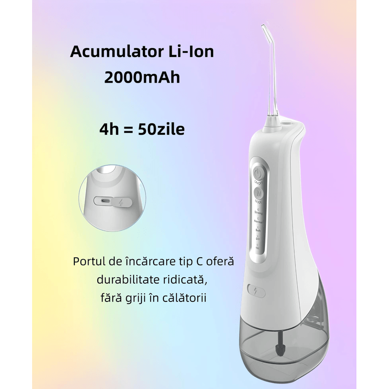 Ingrijire personala si Cosmetice - Igiena dentara - Irigatoare bucale - Irigator oral YARCO, Presiune reglabila (DIY) 30-140psi, Jet 1800 pulsatii/min, Baterie durabila, Rezervor 300ml detasabil, 5 capete+geanta, Alb - Infinity.ro
