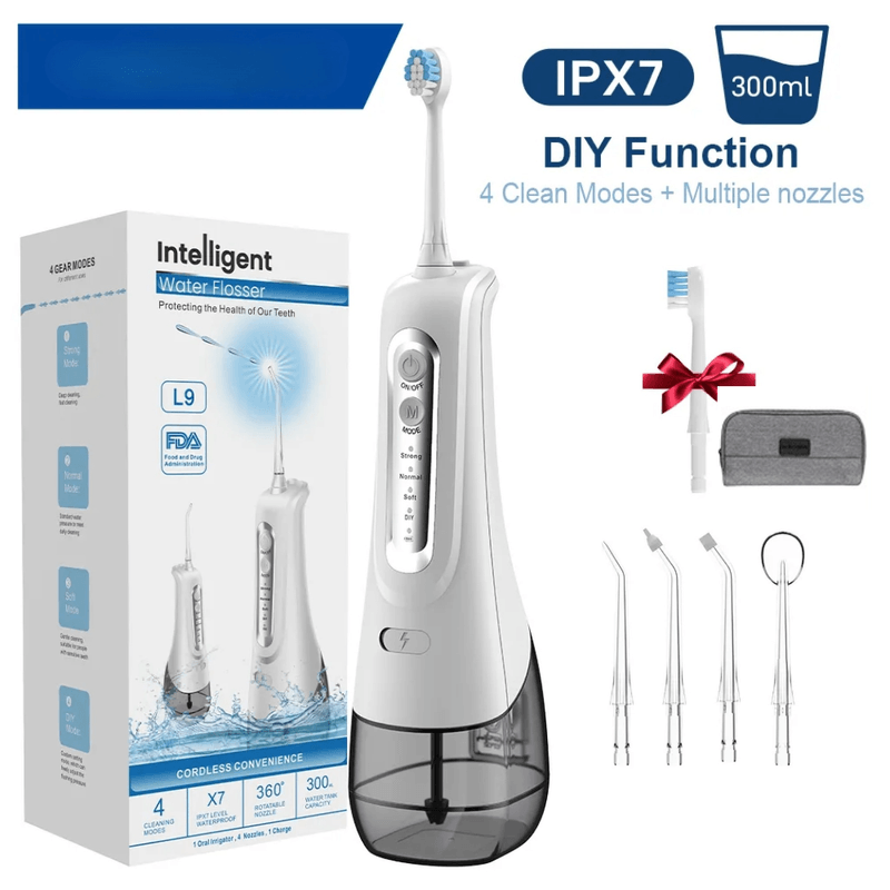 Ingrijire personala si Cosmetice - Igiena dentara - Irigatoare bucale - Irigator oral YARCO, Presiune reglabila (DIY) 30-140psi, Jet 1800 pulsatii/min, Baterie durabila, Rezervor 300ml detasabil, 5 capete+geanta, Alb - Infinity.ro