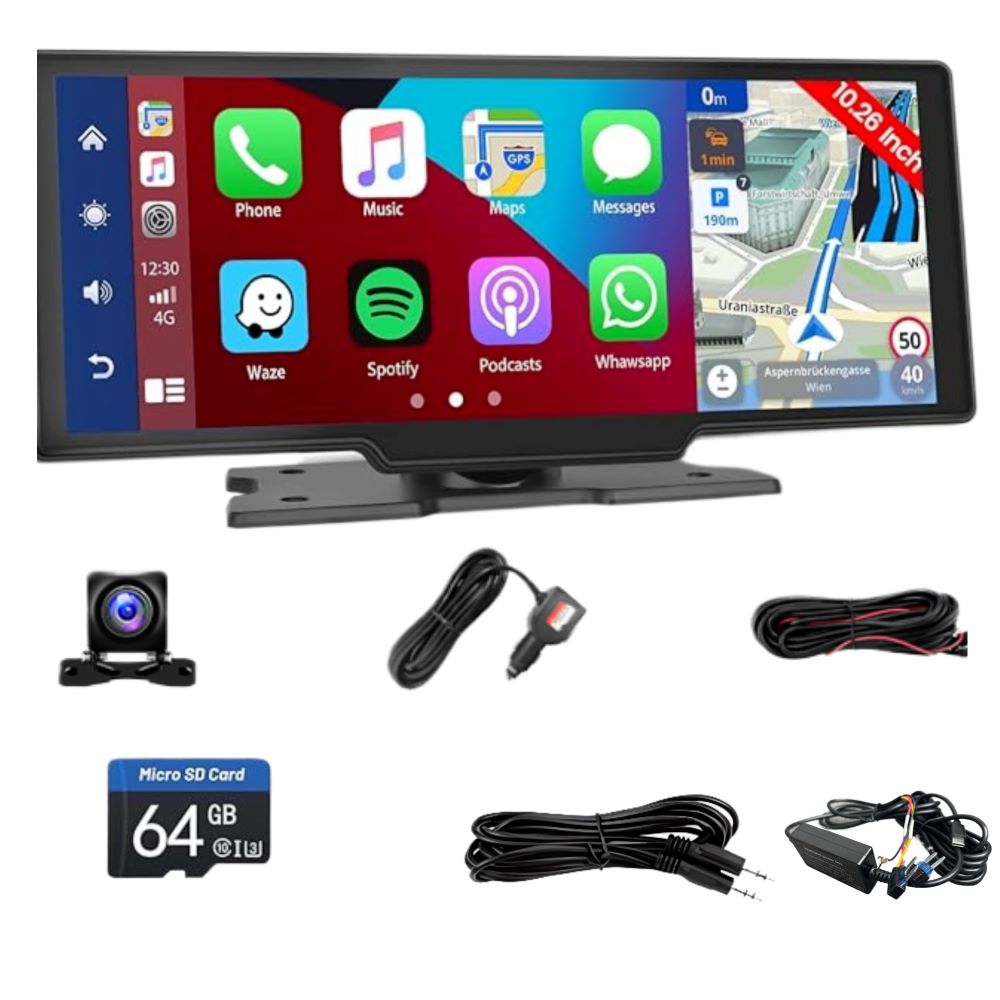 Navigatie Multimedia YARCO, 10.26", Camera dubla 2.5K/1080P, IPS HD, Detasabil, CarPlay/AndroidAuto, BT, FM, AUX, TF card 64GB