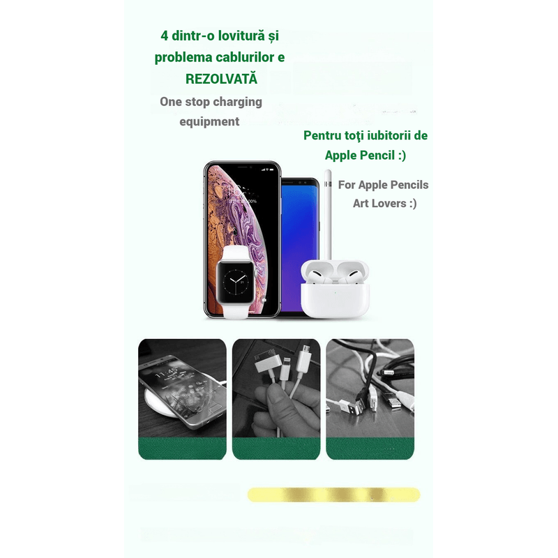 Laptop, Telefoane si Tablete - Telefoane mobile si accesorii - Accesorii Telefoane - Incarcatoare telefoane - Statie incarcare 4 in 1 YARCO, tehnologie oilbrush, Apple pen, iWatch, Universal smartphone, Alb, 21W, Fast Charge + Cablu viteza C la C - Infinity.ro