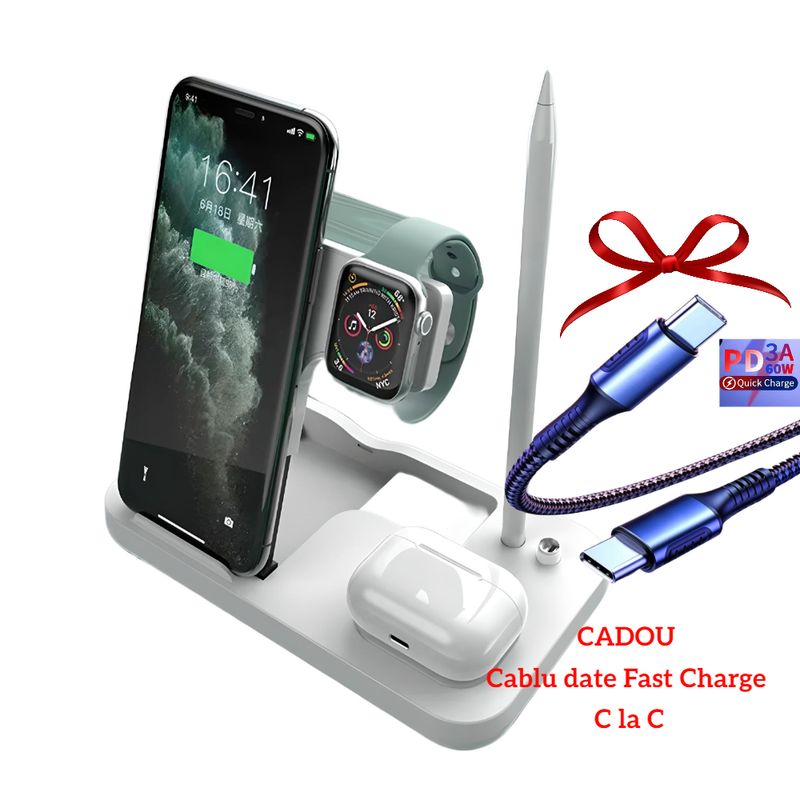Laptop, Telefoane si Tablete - Telefoane mobile si accesorii - Accesorii Telefoane - Incarcatoare telefoane - Statie incarcare 4 in 1 YARCO, tehnologie oilbrush, Apple pen, iWatch, Universal smartphone, Alb, 21W, Fast Charge + Cablu viteza C la C - Infinity.ro