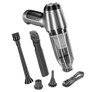 Aspirator portabil YARCO cu borseta si 4 filtre, 3 in 1, 2 viteze (Normal/Turbo), 5 accesorii, Senzor On/Off, Silver, Casa/Auto/Office, Argintiu