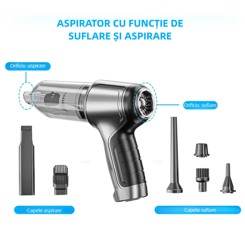 Auto si Moto - Electrice auto - Alte accesorii electrice auto - Aspirator portabil YARCO cu borseta si 4 filtre, 3 in 1, 2 viteze (Normal/Turbo), 5 accesorii, Senzor On/Off, Silver, Casa/Auto/Office, Argintiu - Infinity.ro