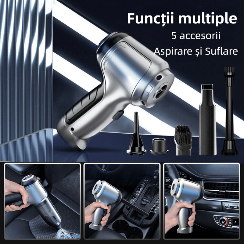Auto si Moto - Electrice auto - Alte accesorii electrice auto - Aspirator portabil YARCO cu borseta si 4 filtre, 3 in 1, 2 viteze (Normal/Turbo), 5 accesorii, Senzor On/Off, Silver, Casa/Auto/Office, Argintiu - Infinity.ro
