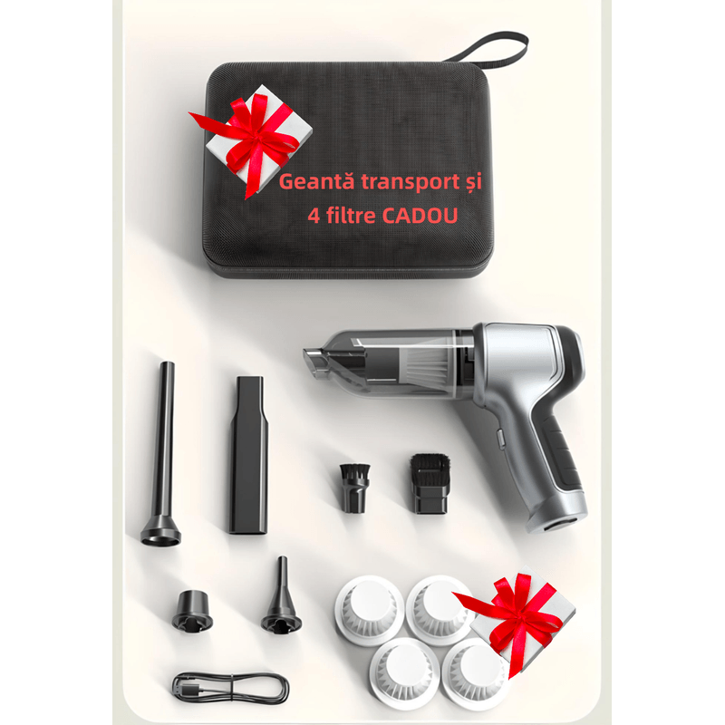 Auto si Moto - Electrice auto - Alte accesorii electrice auto - Aspirator portabil YARCO cu borseta si 4 filtre, 3 in 1, 2 viteze (Normal/Turbo), 5 accesorii, Senzor On/Off, Silver, Casa/Auto/Office, Argintiu - Infinity.ro