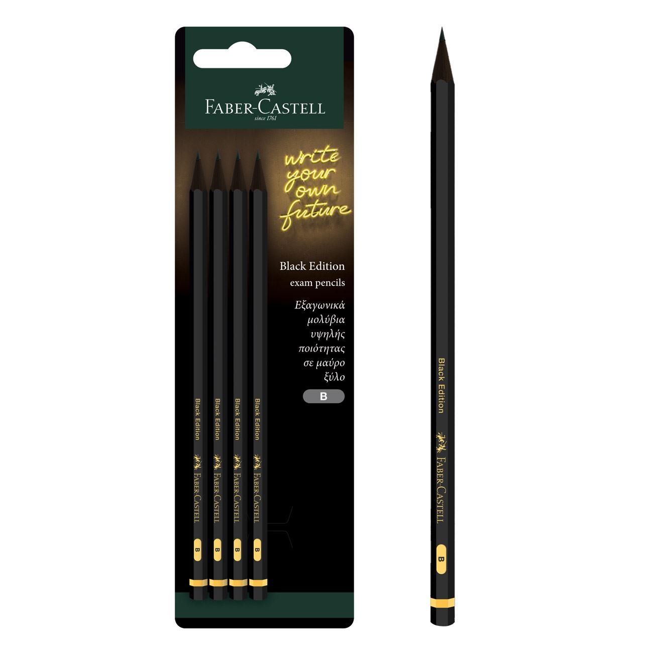 Creioane grafit, faber castell, black edition, duritate b, set 4 bucati, negru