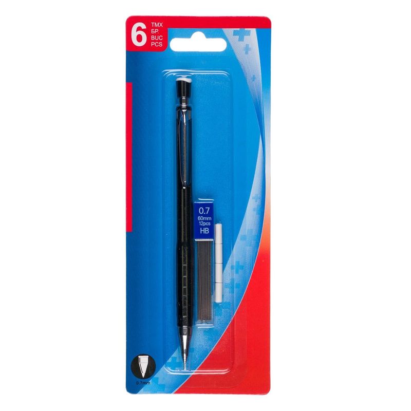 Carti si Birotica - Birotica - Instrumente de scris - Creioane - Set creioane mecanice, negru, 0.7mm, radiere incluse, 6 bucati - Infinity.ro