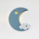 Casa si Gradina - Corpuri si surse de iluminat - Veioze si lampi - Lampi de veghe copii - Lampa decorativa led, luna, lemn, culoare bleu si alb, 11 x 28cm, montare pe perete - Infinity.ro
