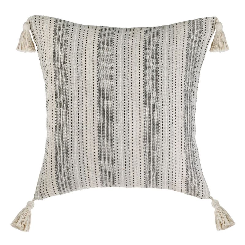 Casa si Gradina - Textile si covoare - Lenjerii de pat - Fete de perna - Fata de perna decorativa, model cu dungi si ciucuri, bumbac, ecru gri, 43 x 42cm - Infinity.ro