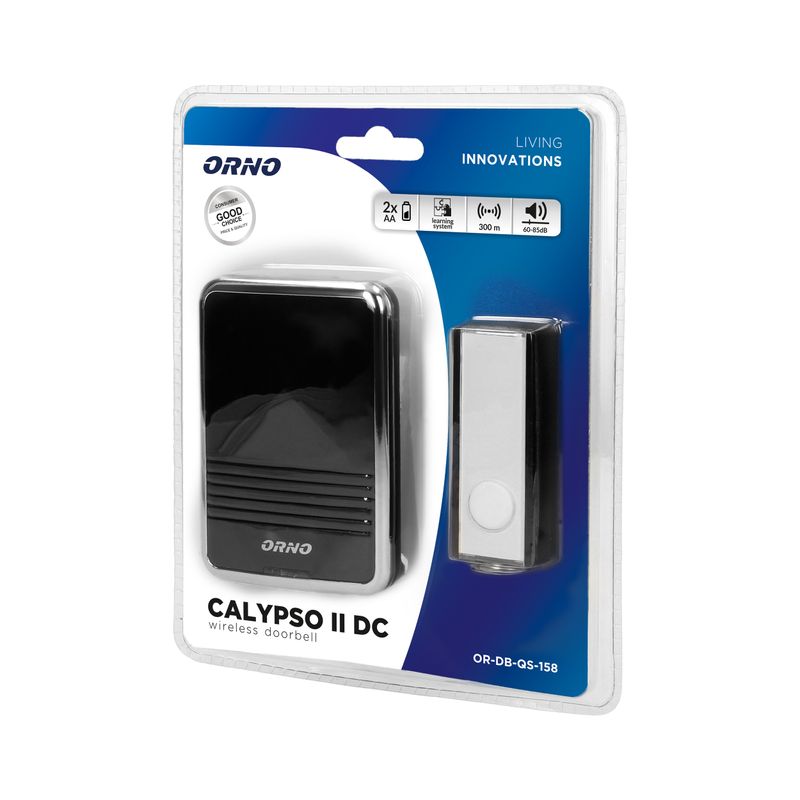 Casa si Gradina - Electrice - Accesorii electrice - Sonerii electrice - Sonerie wireless ORNO CALYPSO II DC OR-DB-QS-158, 2 x AA, 300 m, 36 tonuri, 3 moduri de semnalizare, IP44, negru - Infinity.ro