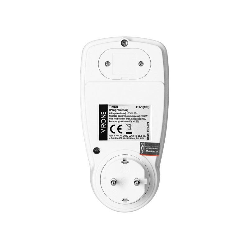 Casa si Gradina - Electrice - Prize - Priza programabila VIRONE DT-1(GS), schuko, 230V, 16A, 3680W, 12/24 ore, IP20, 16 programe, functie vara/iarna, alb - Infinity.ro