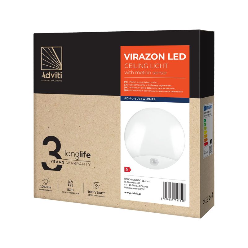 Casa si Gradina - Corpuri si surse de iluminat - Plafoniere, aplice si spoturi - Aplica ADVITI Virazon AD-PL-6064WLPMR4, LED, 15W, 1050 lm, 4000K, IP44, senzor de miscare 360 de grade inclus - Infinity.ro