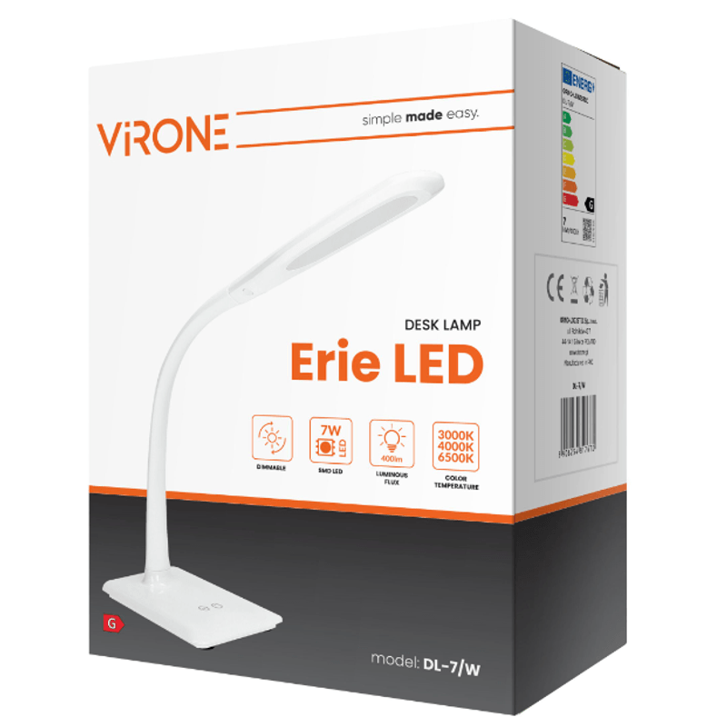 Casa si Gradina - Corpuri si surse de iluminat - Veioze si lampi - Veioze - Lampa de birou Virone ERIE LED DIM DL-7/W, 7W, 400 lm, dimmer, 3000/4000/6000K, Alb, Clasa energetica G - Infinity.ro