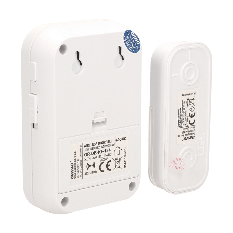 Casa si Gradina - Electrice - Accesorii electrice - Sonerii electrice - Sonerie wireless FADO DC ORNO OR-DB-KF-134, alimentare cu baterii, IP44, 100 m, 36 sonerii, control volum, alb - Infinity.ro