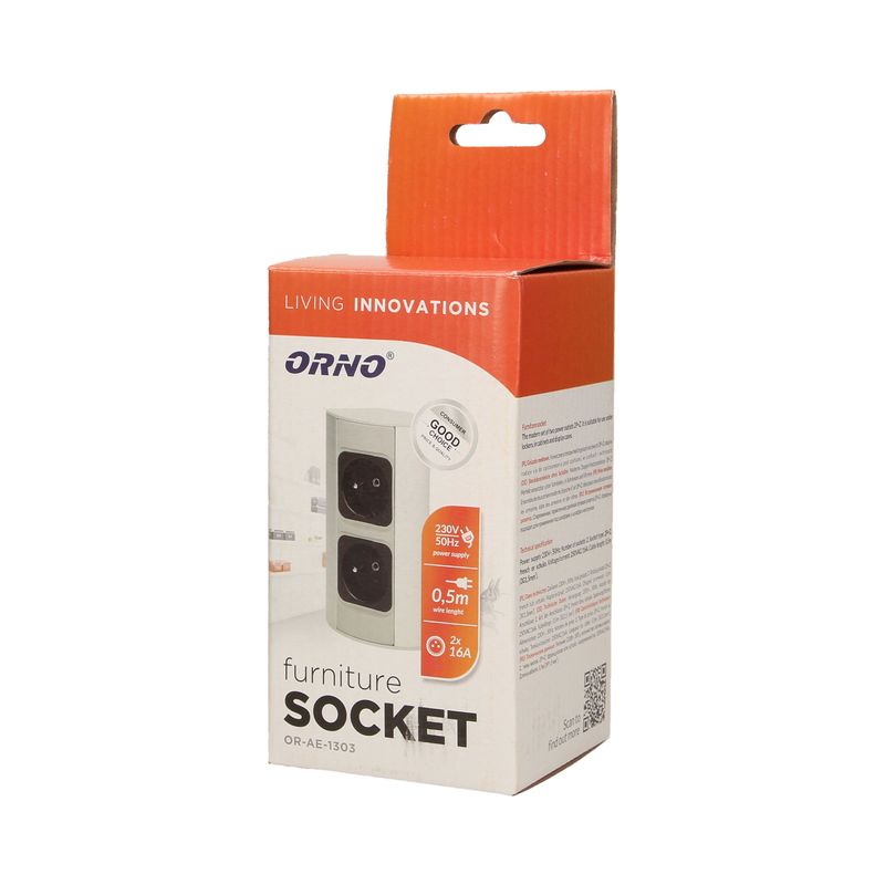 Casa si Gradina - Electrice - Prize - Priza schuko ORNO OR-AE-1303/G(GS), dubla, 230V, 3680W, cablu 0.5 m, gri - Infinity.ro