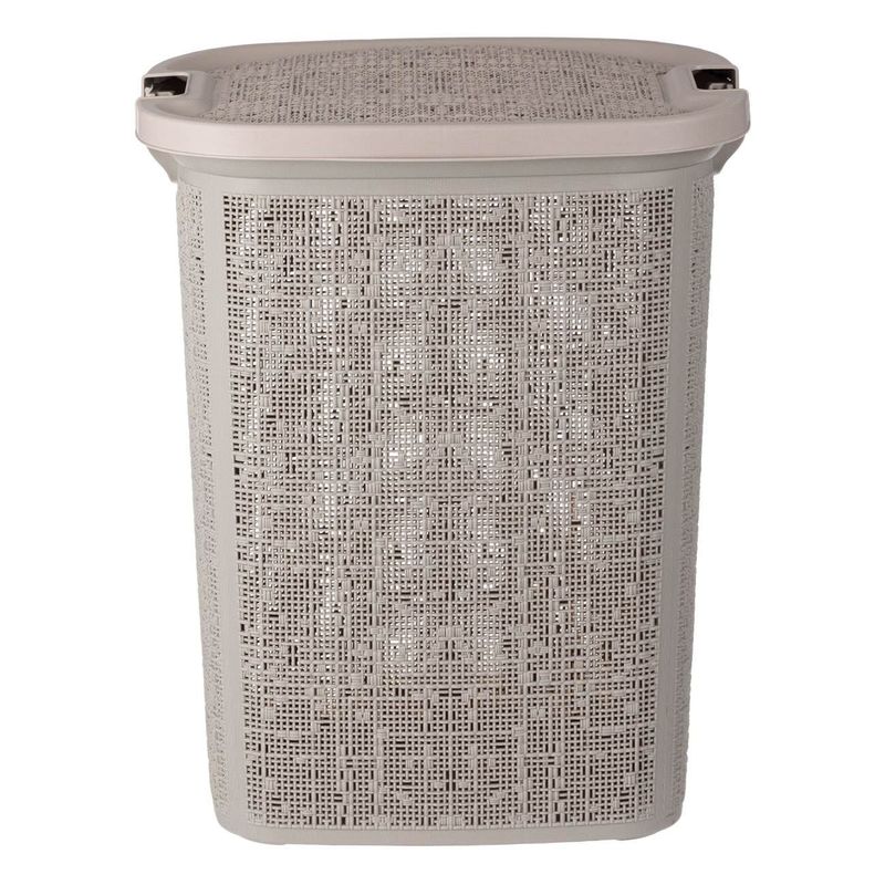 Casa si Gradina - Sanitare - Suporturi si accesorii baie - Accesorii baie - Cos de rufe, model perforat cu manere de lemn, capac detasabil, capacitate 60 l, maro cappuccino, 46 x 37 x 57.5 cm - Infinity.ro