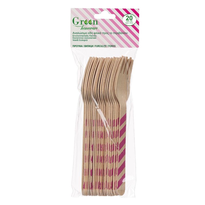 Casa si Gradina - Decoratiuni - Decoratiuni petrecere - Accesorii pentru petrecere - Set furculite lemn 20 buc, dungi fucsia, 16cm - Infinity.ro