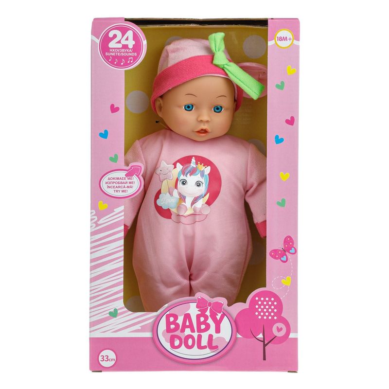 Jucarii, Copii si Bebe - Jucarii si jocuri - Papusi si accesorii - Papusi - Papusa bebelus, 24 sunete, corp moale, roz, cu suzeta, 33 cm - Infinity.ro
