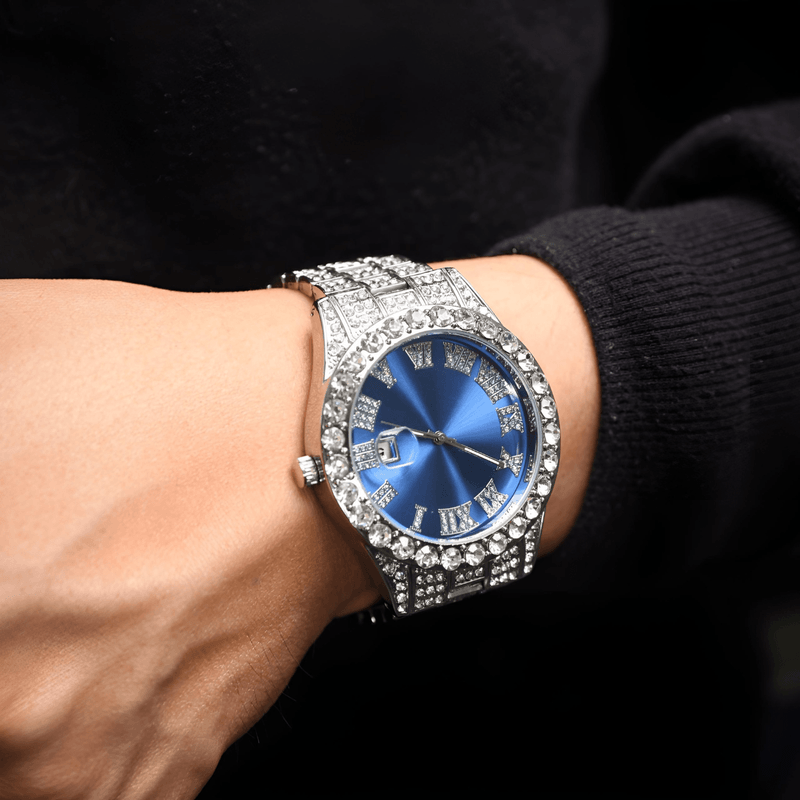 Fashion, accesorii si bijuterii - Barbati - Bijuterii barbati - Ceasuri barbati - Ceas Iced Out, insertii zirconiu, unisex, culoare silver blue - Infinity.ro