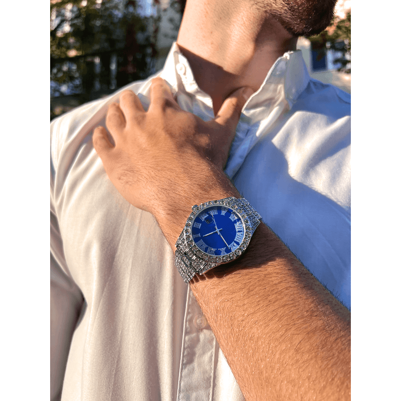 Fashion, accesorii si bijuterii - Barbati - Bijuterii barbati - Ceasuri barbati - Ceas Iced Out, insertii zirconiu, unisex, culoare silver blue - Infinity.ro