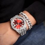 Fashion, accesorii si bijuterii - Barbati - Bijuterii barbati - Alte bijuterii barbati - Set Ceas Iced Out Silver Red + Bratara Cuban, insertii din zirconiu, - Infinity.ro