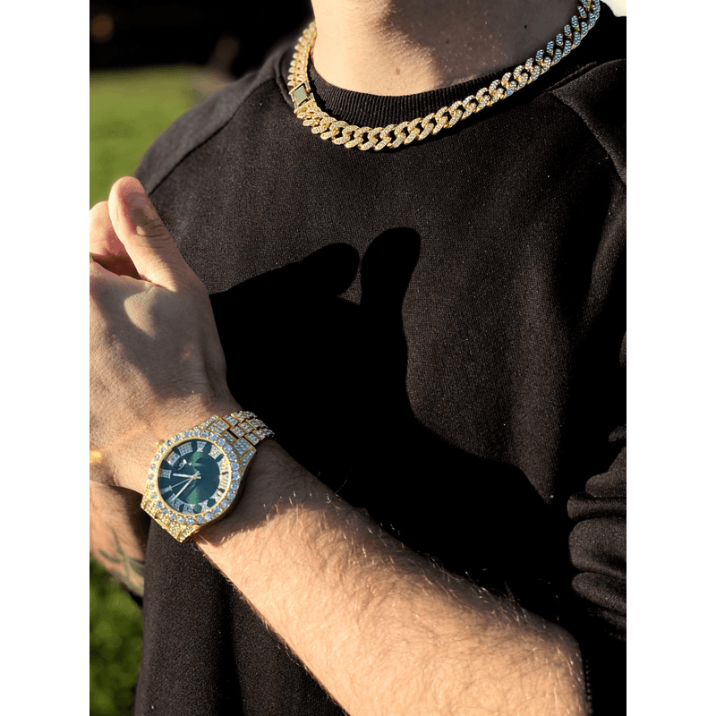 Fashion, accesorii si bijuterii - Barbati - Bijuterii barbati - Alte bijuterii barbati - Set Ceas Iced Out Gold Green + Colier Cuban Chain Iced out, insertii din zirconiu - Infinity.ro