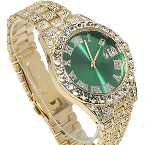 Set Ceas Iced Out Gold Green + Colier Cuban Chain Iced out, insertii din zirconiu