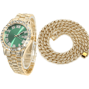 Set Ceas Iced Out Gold Green + Colier Cuban Chain Iced out, insertii din zirconiu