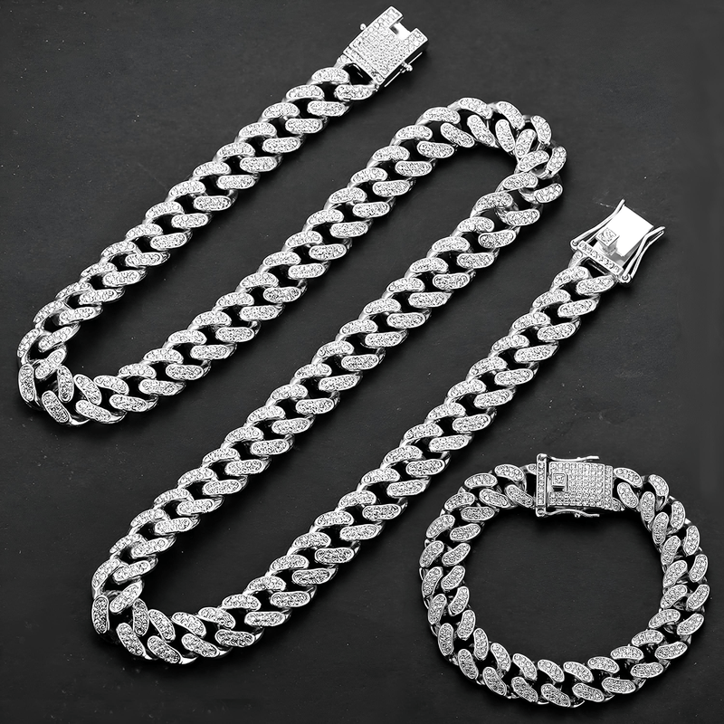 Fashion, accesorii si bijuterii - Barbati - Bijuterii barbati - Alte bijuterii barbati - Set Cuban Silver Iced Out , unisex , fabricate din inox, colier 50 cm , bratara 20 cm - Infinity.ro