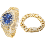 Fashion, accesorii si bijuterii - Barbati - Bijuterii barbati - Alte bijuterii barbati - Set Ceas Iced Out Gold Blue + Bratara Cuban, insertii din zirconiu - Infinity.ro