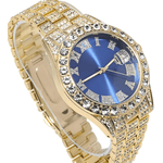 Fashion, accesorii si bijuterii - Barbati - Bijuterii barbati - Alte bijuterii barbati - Set Ceas Iced Out Gold Blue + Bratara Cuban, insertii din zirconiu - Infinity.ro