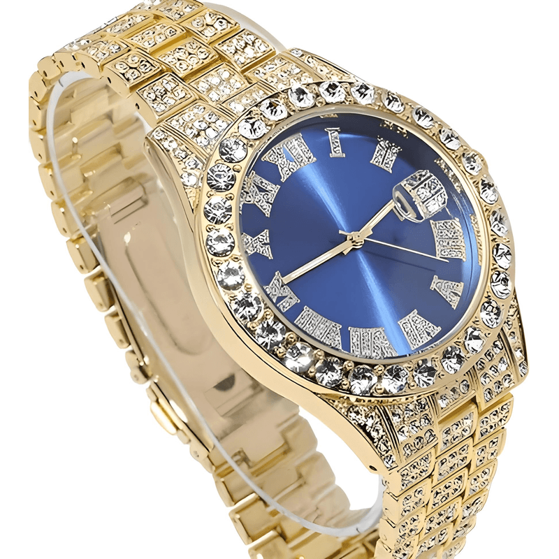 Fashion, accesorii si bijuterii - Barbati - Bijuterii barbati - Alte bijuterii barbati - Set Ceas Iced Out Gold Blue + Bratara Cuban, insertii din zirconiu - Infinity.ro