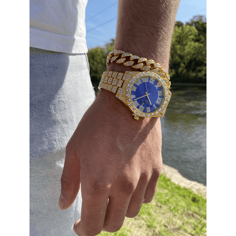 Fashion, accesorii si bijuterii - Barbati - Bijuterii barbati - Alte bijuterii barbati - Set Ceas Iced Out Gold Blue + Bratara Cuban, insertii din zirconiu - Infinity.ro