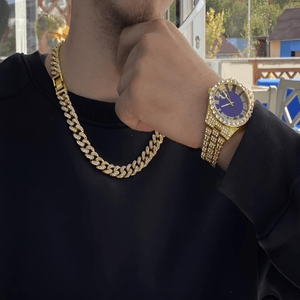 Set Ceas Iced Out Gold Blue + Colier Cuban Chain Iced out, insertii din zirconiu