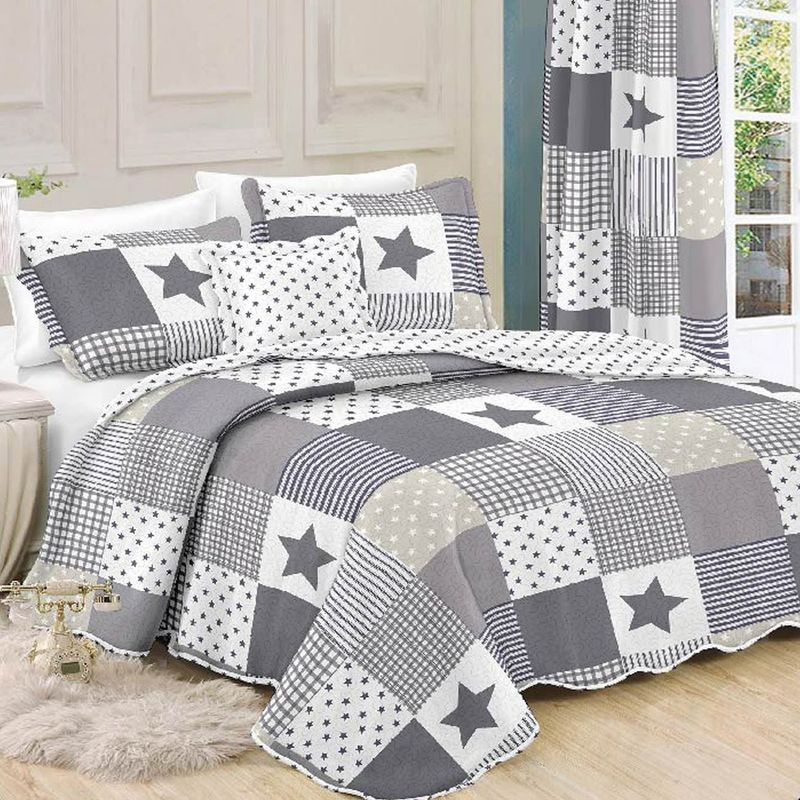 Casa si Gradina - Textile si covoare - Pături și cuverturi - Cuverturi - Cuvertura pat patchwork, model stele, gri, 160x 230cm, polyester - Infinity.ro