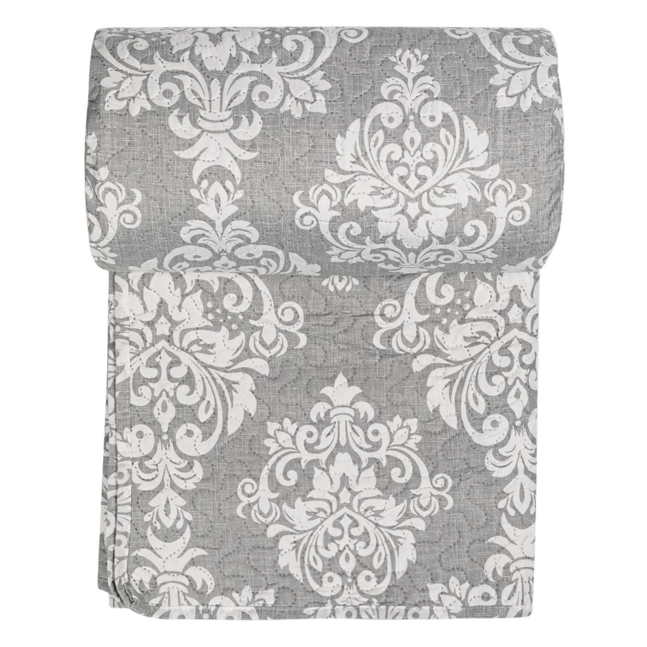 Cuvertura pat dublu, model damask, material poliester, culoare gri, dimensiuni 220x 240cm