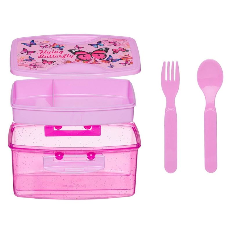 Casa si Gradina - Bucatarie si vesela - Organizare si depozitare bucatarie - Cutii alimentare - Caserola alimente, model fluturi, roz, capacitate 1.1l, tavita detasabila, tacamuri incluse - Infinity.ro