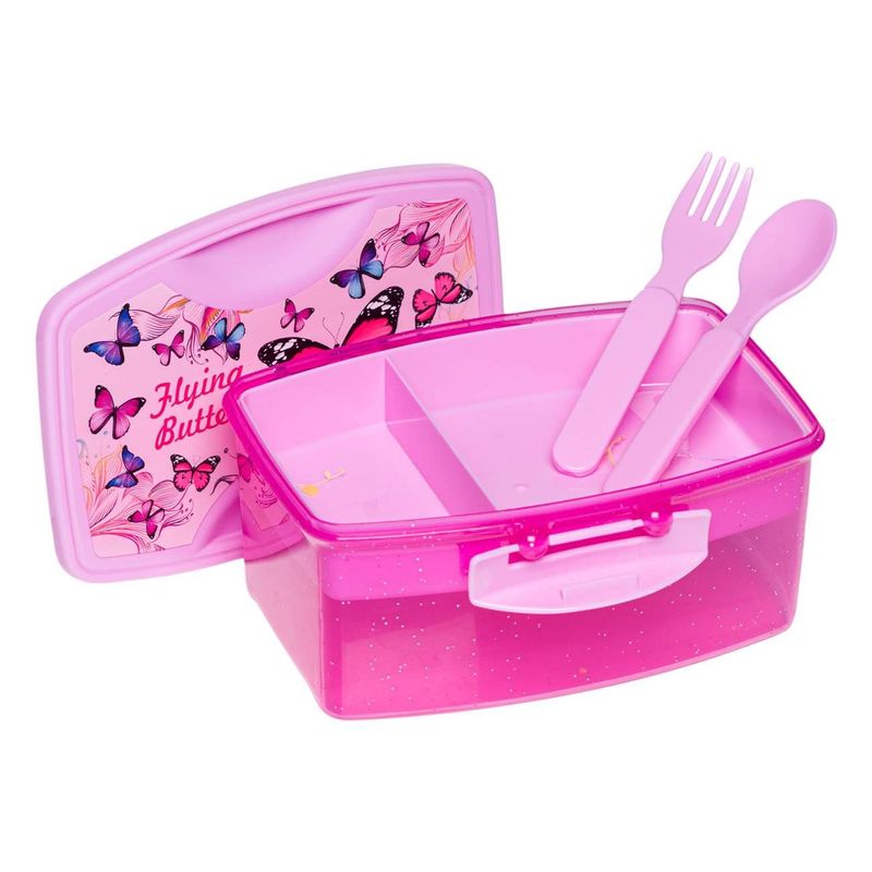 Casa si Gradina - Bucatarie si vesela - Organizare si depozitare bucatarie - Cutii alimentare - Caserola alimente, model fluturi, roz, capacitate 1.1l, tavita detasabila, tacamuri incluse - Infinity.ro