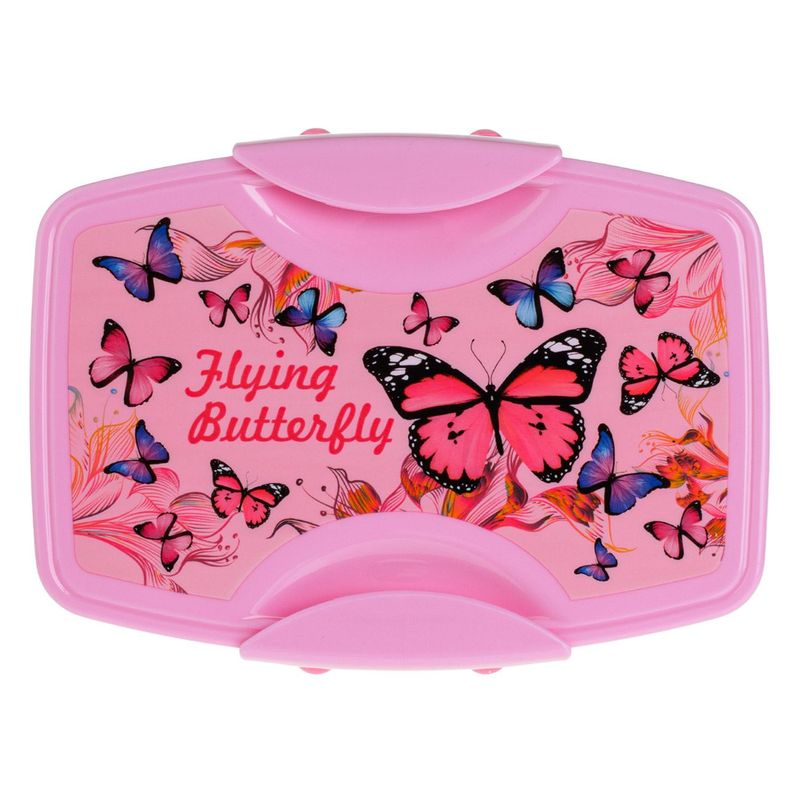Casa si Gradina - Bucatarie si vesela - Organizare si depozitare bucatarie - Cutii alimentare - Caserola alimente, model fluturi, roz, capacitate 1.1l, tavita detasabila, tacamuri incluse - Infinity.ro